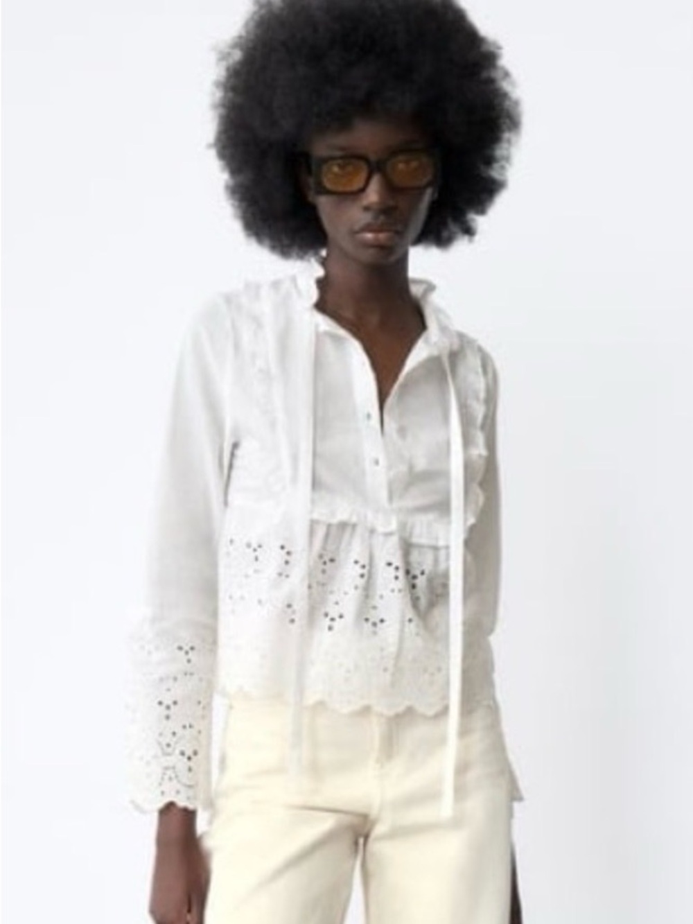 Zara White Eyelet Tie-Neck Peplum Blouse